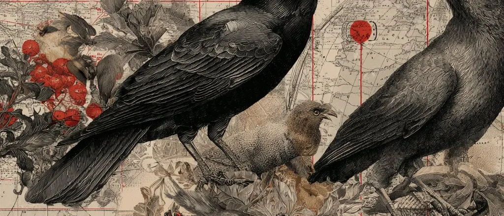 Collage of two engraved black crows and a small brown bird among red berries and leaves over an old map with red grid lines