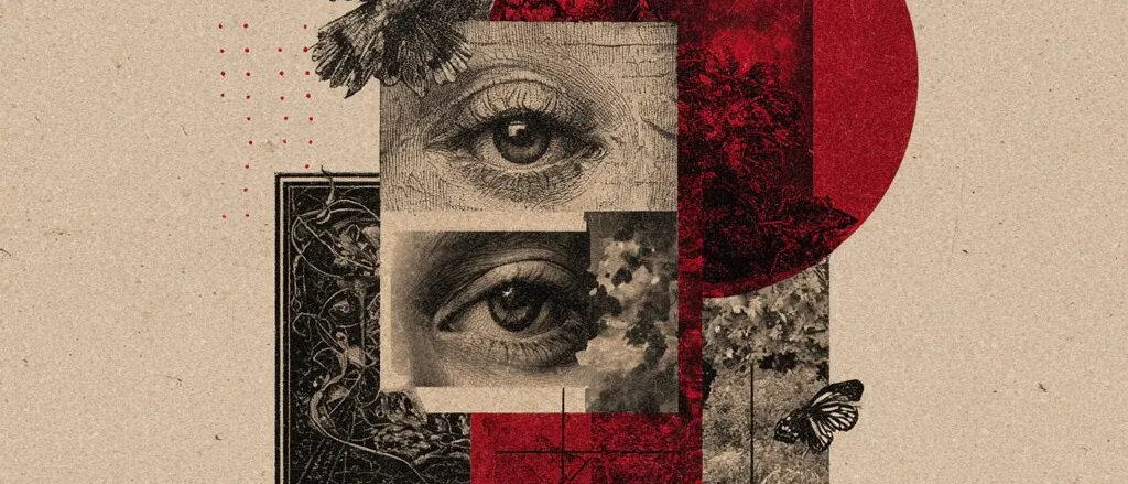 Collage on brown paper of two engraved eyes, a bird in flight, a butterfly and foliage over a large red circle