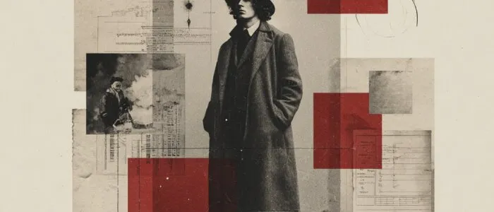 Collage of a black-and-white photo of a long-haired man in a hat and overcoat, with red squares and old documents