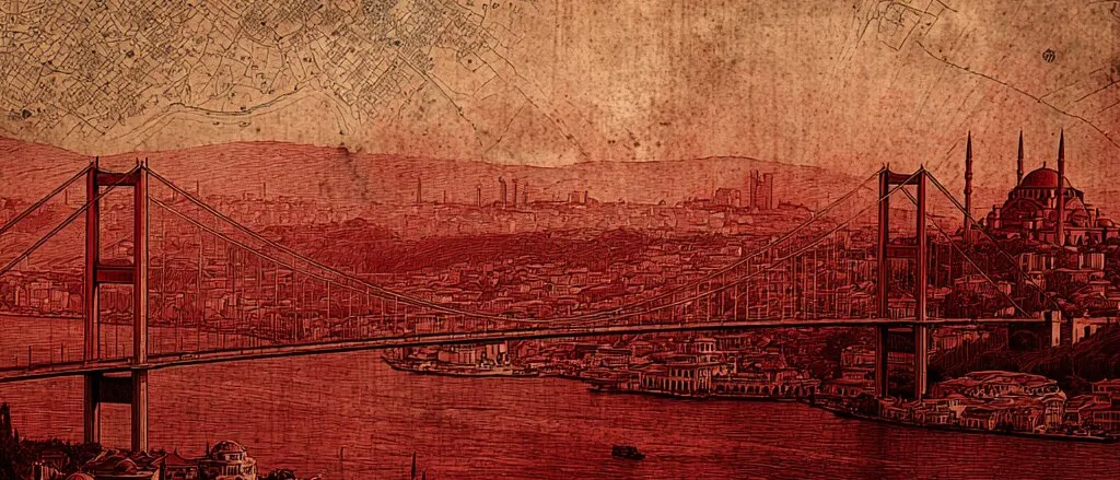 Red-tinted view of Istanbul with a suspension bridge over the Bosphorus and a domed mosque, beneath an old map