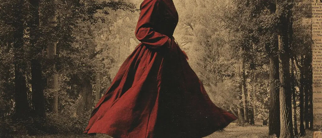 Collage of a figure in a hooded, swirling red dress in mid-air in a sepia forest, framed by newsprint and red panels
