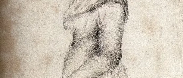 Old engraving of an elderly woman in profile with horns on her head, captioned “Ann Davis, the Cow-poxed, cornuted Old woman”