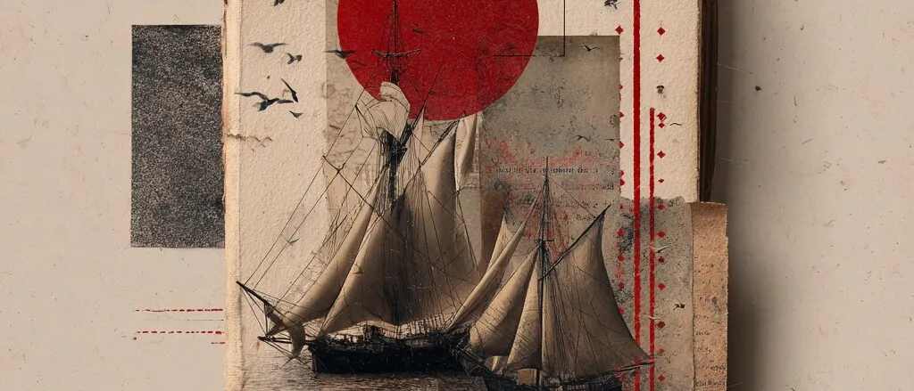 Collage of two sailing ships and flying gulls on an old book cover, with a large red circle and red dotted lines