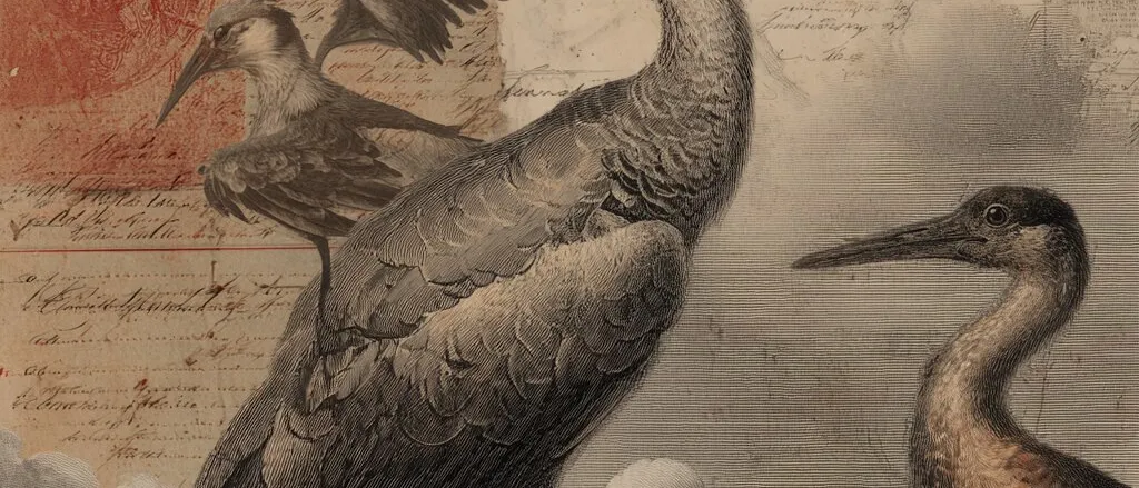 Engraved long-beaked wading birds against clouds, over torn handwritten pages and a faded red stamp