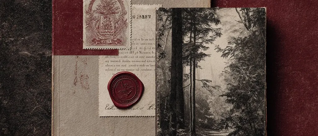 Two old books on a dark red and black ground, one with a stamp and a red wax seal, the other showing a misty forest path