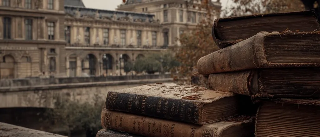 Stacks of worn leather-bound books on a stone parapet by a river, with an ornate Parisian palace and autumn trees behind