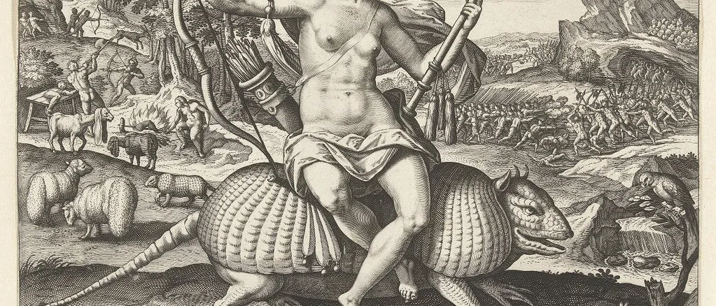 Engraving of America personified as a woman with a bow and axe riding an armadillo, hunters and battles behind her
