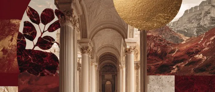 Collage of a vaulted colonnade with a gold disc, red marble panels, dark red leaves and a hilltop fortress