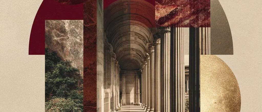 Collage of a stone colonnade under a dark red arch, with red marble, green trees and a gold disc on beige