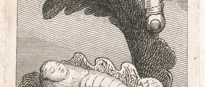 William Blake's etching 'O What is Man!' (1793): a caterpillar on a leaf above a sleeping infant swaddled like a chrysalis on an oak leaf.
