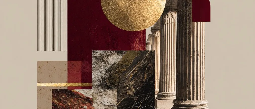 Collage of fluted stone columns, a large gold disc, dark red panels and rock and marble textures on beige
