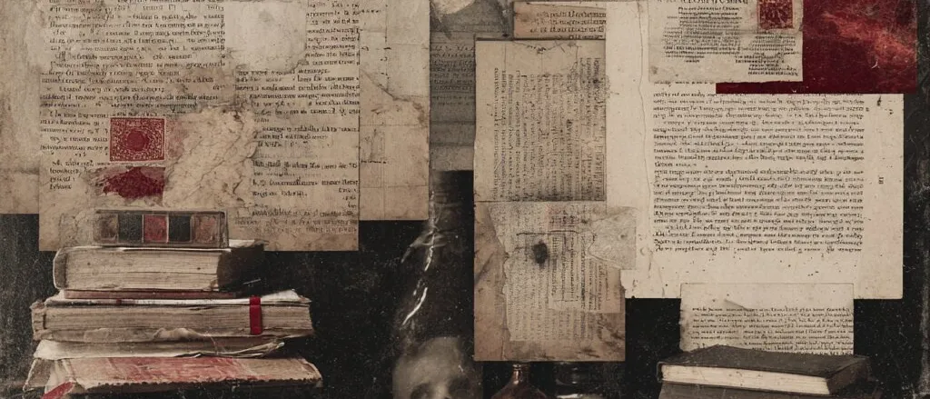 Stacks of old books, small bottles and a skull in a jar before a wall of yellowed printed pages and an engraved portrait