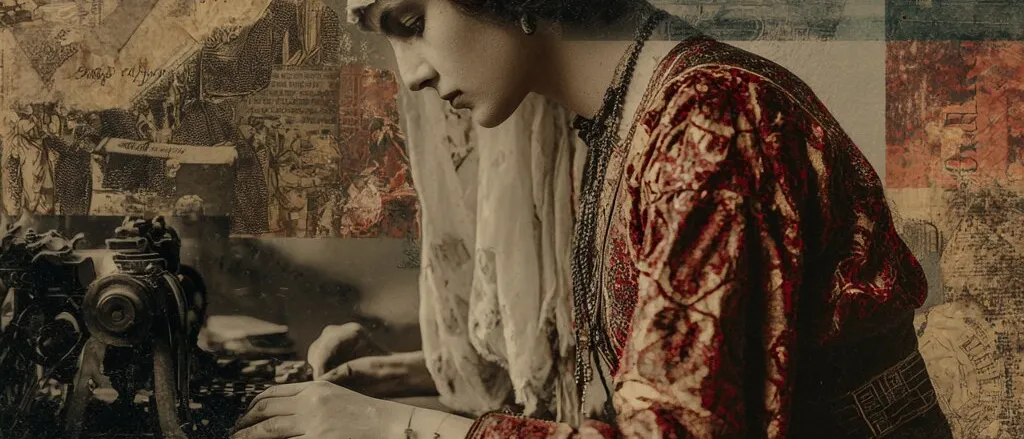 Collage of a woman in a headscarf and red embroidered dress working at an old machine, among engravings and printed papers