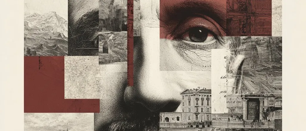 Collage of an engraved bearded face with one eye tinted red, among old street scenes, buildings, mountains and birds