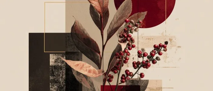 Collage of a leafy branch with red berries over beige, black and textured panels and a dark red circle