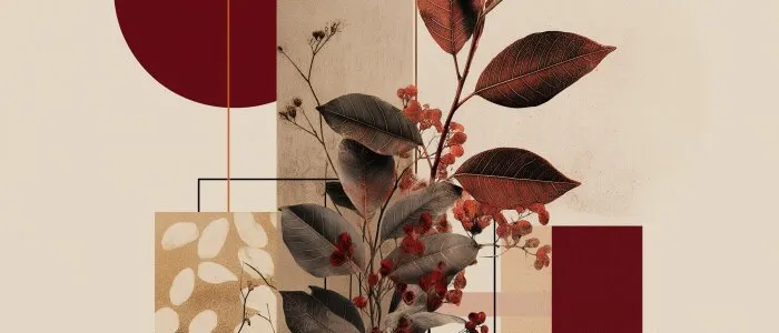 Collage of a branch with rust-red leaves and small red berries over beige and dark panels, with a dark red circle