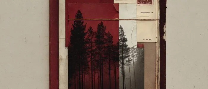 Old red book with stamps tied under string, layered with photos of dark pine forests in red and grey