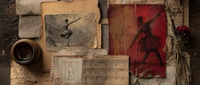 Aged papers on dark wood: drawings of ballet dancers, sheet music, handwritten letters and dried roses