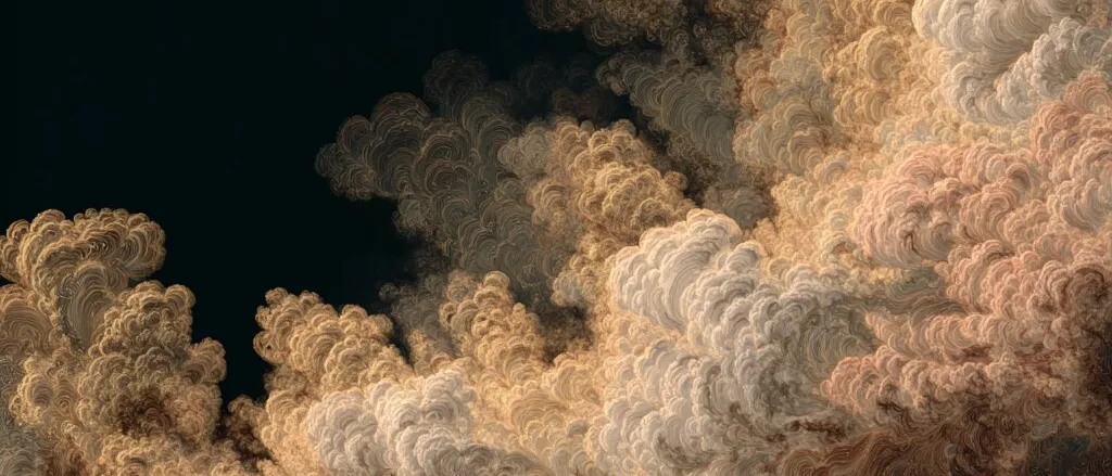 Billowing clouds in cream, tan and rust tones, drawn in fine swirling lines against a black sky