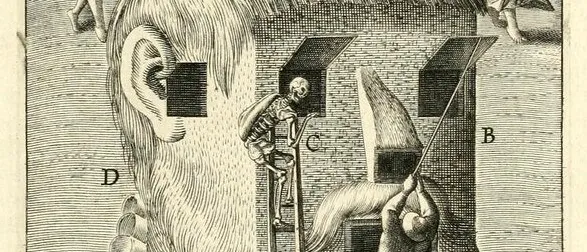 Engraved emblem of a house shaped like a man's head, with Death climbing a ladder to a window, above verses in Latin, Dutch and French