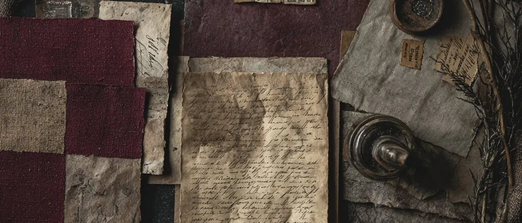 Handwritten letters, old stamps and a small inkwell on dark red cloth and burlap, seen from above