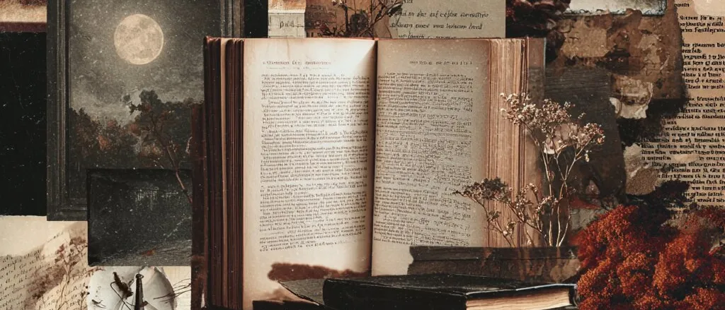 Collage of an open book on a stack of old volumes, dried flowers, a framed full-moon painting and a red hillside