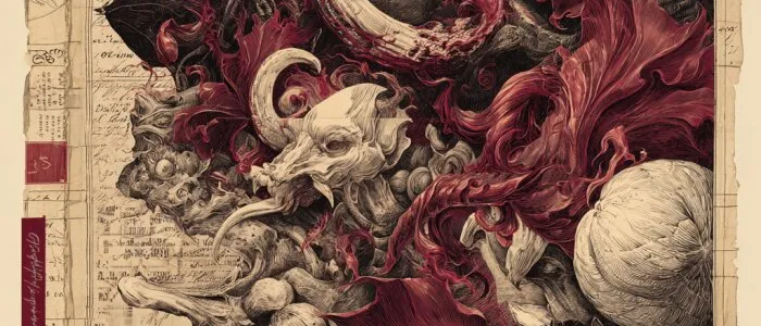 Engraving-style tangle of horned beasts, skulls and swirling crimson shapes over an old handwritten page