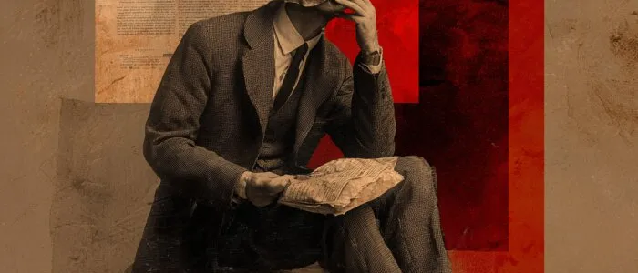 Collage of a seated man in a suit with a crumpled paper ball for a head, holding papers, before red and newsprint panels