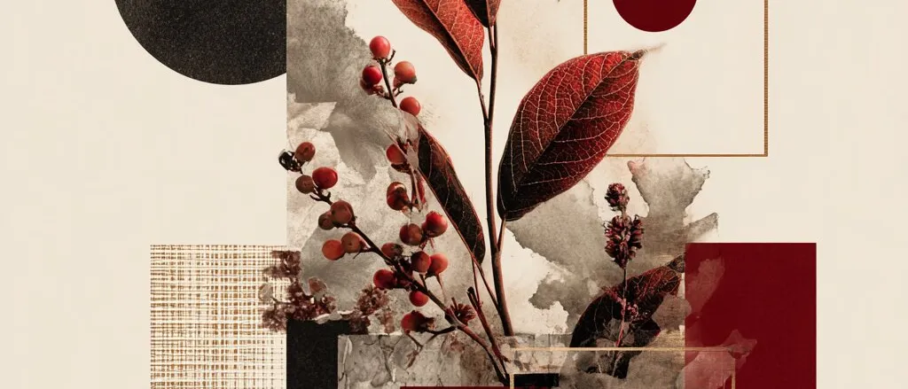 Collage of a sprig with red leaves and berries over beige, black and dark red squares and a black circle