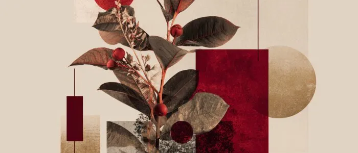Collage of a leafy branch with a few red berries over beige, gold and dark red panels and a grey photo of a tree