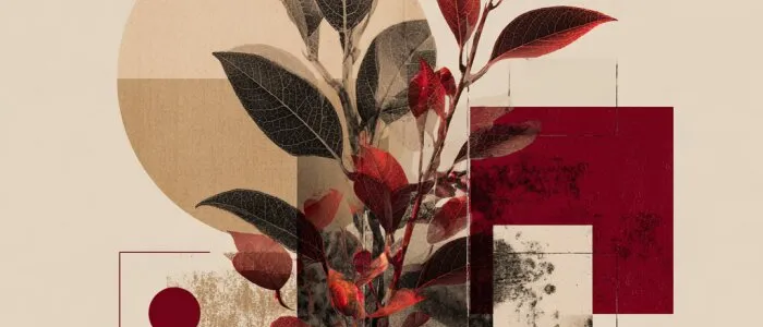 Collage of a plant with grey-brown and red leaves over a beige circle, dark red squares and speckled textures