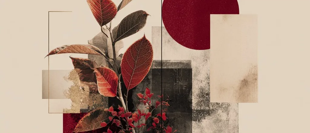 Collage of a branch with rust and brown leaves and small red sprigs over dark red, black and beige panels