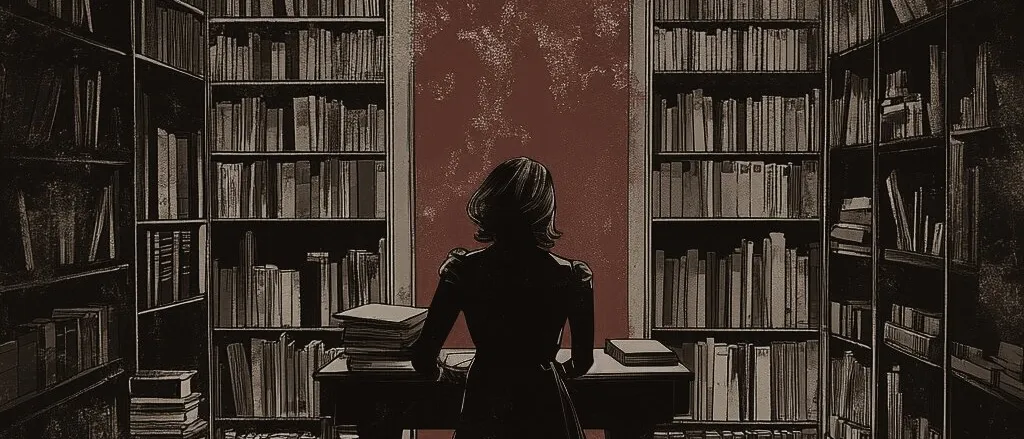 Drawing of a woman seen from behind at a desk in a bookshop lined with tall shelves, books piled on the floor, red wall