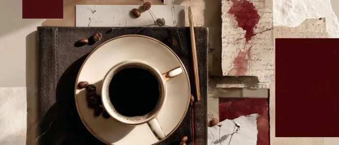 Black coffee in a white cup and saucer on dark cloth, with scattered coffee beans, torn papers and dark red squares