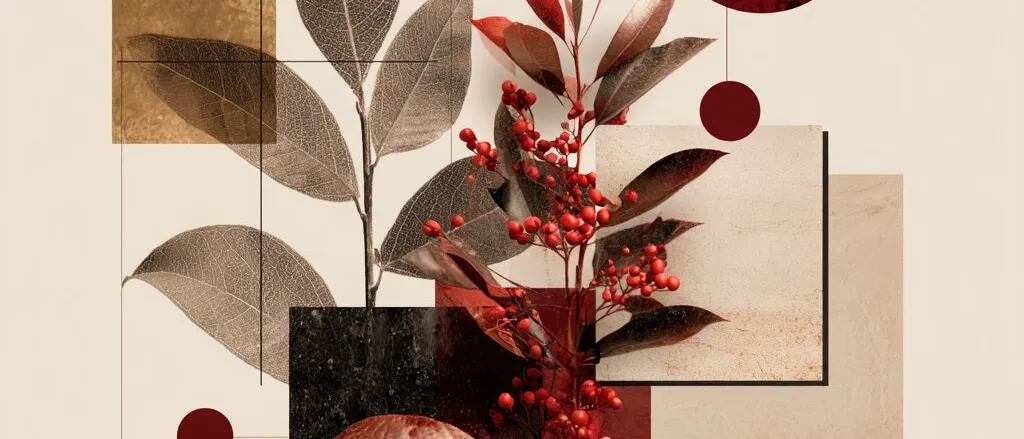 Collage of grey and red leaves with clusters of red berries over beige, black and dark red squares and circles