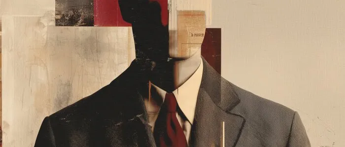 Collage d’un homme sans visage en costume sombre et cravate rouge, à moitié en silhouette noire, sur papiers rouge et beige