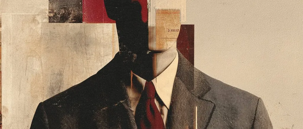 Collage of a man in a dark suit and red tie, his face split into black silhouette and beige paper, on red and cream patches