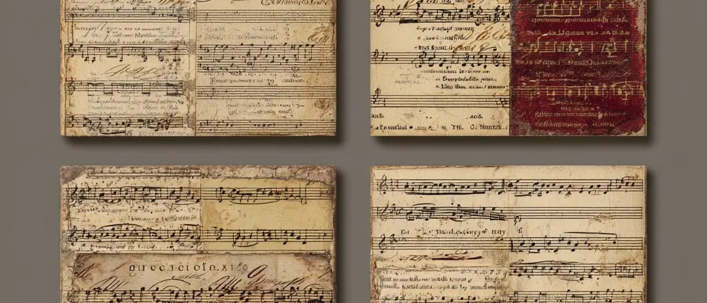 Four square panels of aged sheet music and printed text, one with a dark red strip, on a grey background