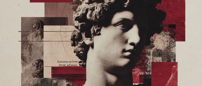 Collage of a curly-haired classical marble head among red, black and beige paper squares on a cream ground