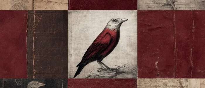 Grid of dark red and parchment squares with handwriting and a drawn leaf; at the centre, a drawn bird with a red breast