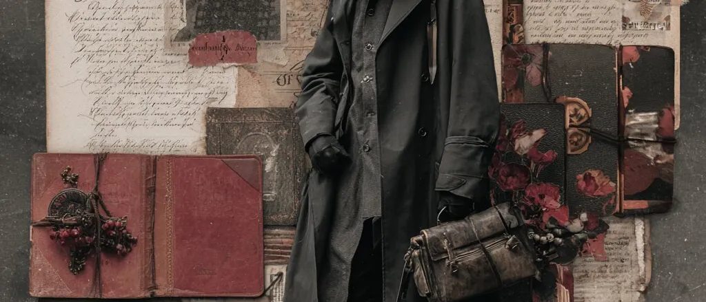 Collage of a figure in a gas mask and long dark coat holding a bag, before old letters, photographs and red books