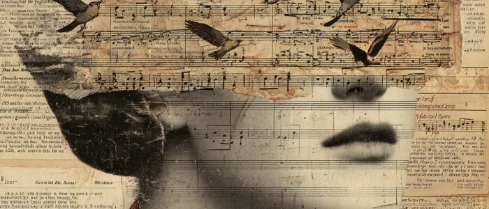 Collage of a woman's face, its upper half covered by torn sheet music with flying birds, over newsprint and scores