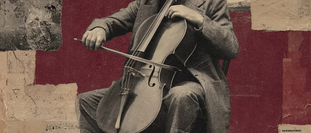 Collage of a man in a grey suit playing the cello, his face hidden by torn paper, over red patches and sheet music