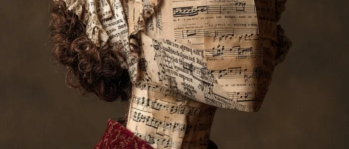 Bust of a figure whose face and bonnet are made of sheet music, in a dark red jacket, against a brown backdrop