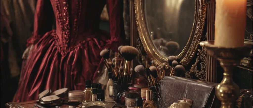 A dressing table crowded with vintage makeup, brushes and compacts beside a candle, an ornate gilt mirror and a red gown on a dress form.