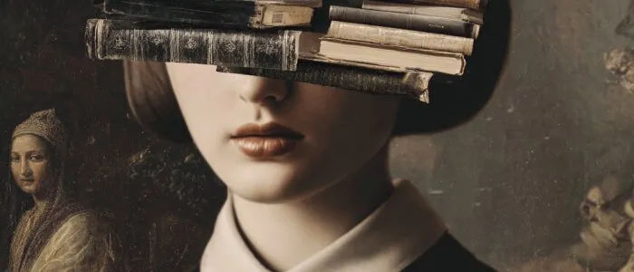 Woman in a black dress with a white collar, her eyes hidden by a stack of old books, before a dark painted scene