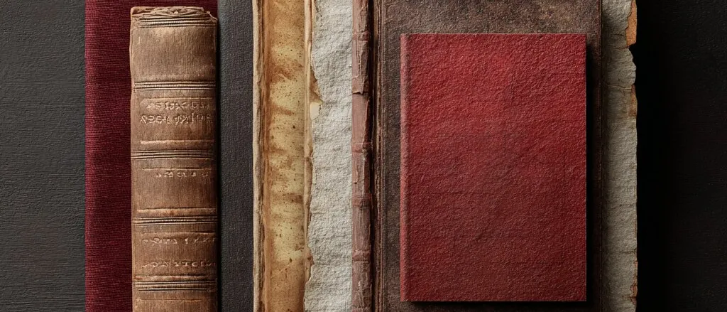 Overlapping old books and torn paper in dark red, brown and grey, laid flat on a dark background