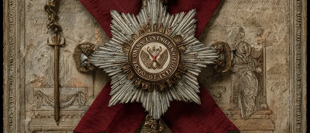 Ornate silver star medal with gilded crown and pendant on crossed dark red ribbons, over an aged engraved document