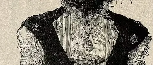 Engraved portrait of Marie Bartel, known as Zenora Pastrana: a bearded woman with curly hair, a laced bodice and a pendant necklace.