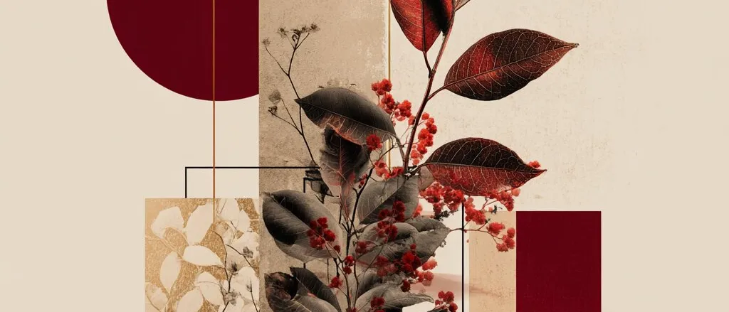Collage of a sprig with red and dark leaves and red berries over beige, black and dark red shapes and a red circle